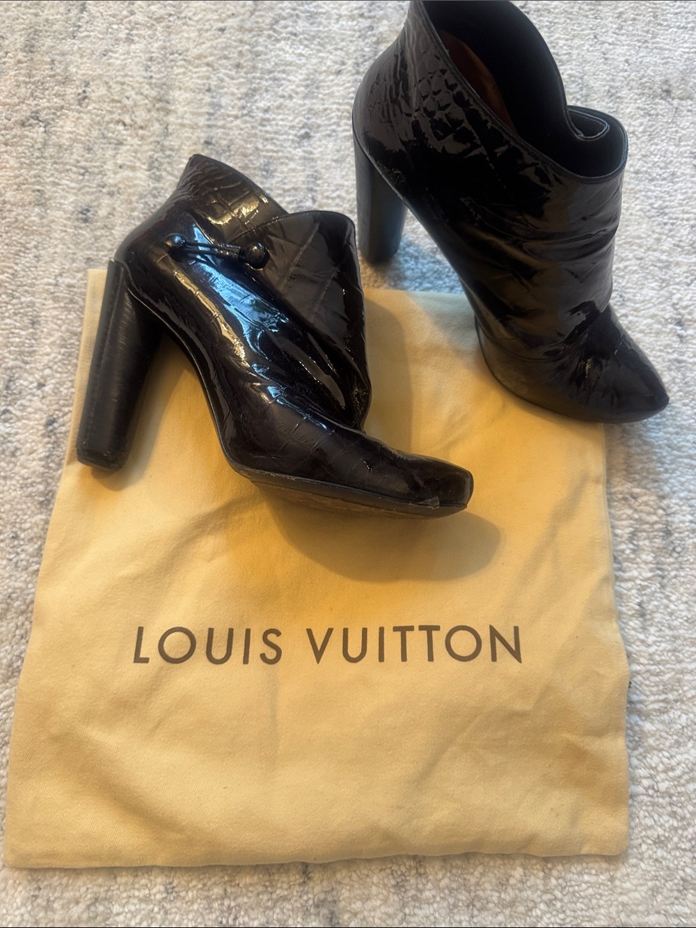 Louis Vuitton Black Patent Leather High Block Heel Ankle Booties